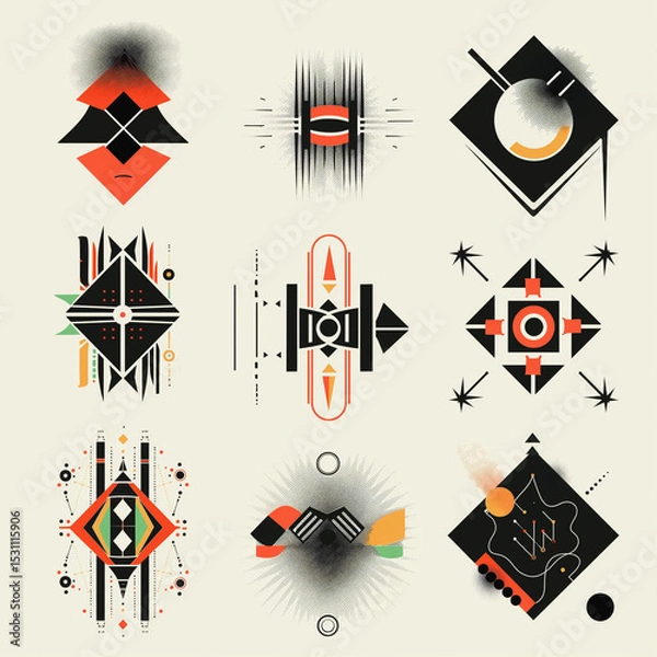 Fototapeta Geometric Abstraction: A captivating display of nine unique geometric shapes, each meticulously crafted with a modernist aesthetic, showcasing a harmony of lines, forms, and colors in a clean.