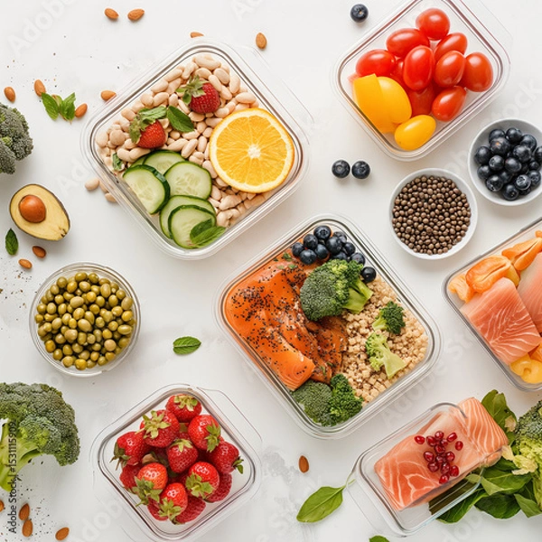 Obraz Meal Prep Containers: Healthy and delicious meal prepped in individual containers, featuring salmon, berries, vegetables, and grains.