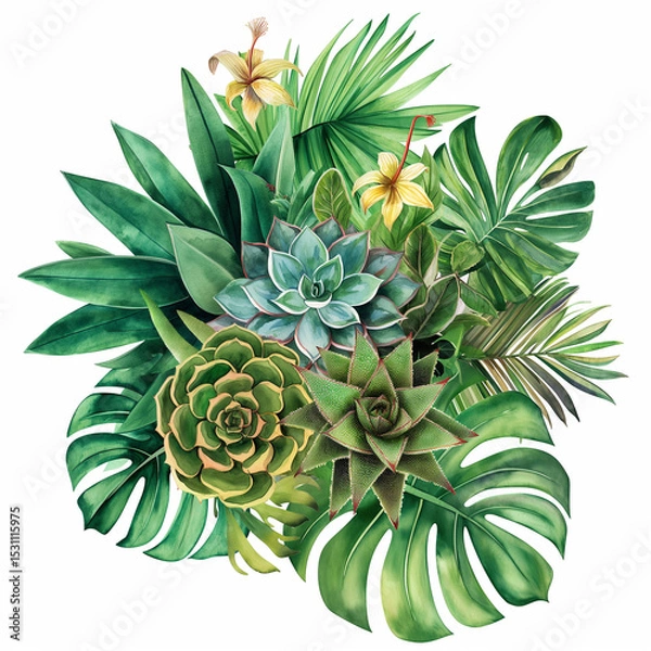 Obraz Tropical Foliage Arrangement: A captivating artistic composition showcasing a lush array of vibrant green tropical leaves and succulents. The artwork evokes a sense of nature's serenity.