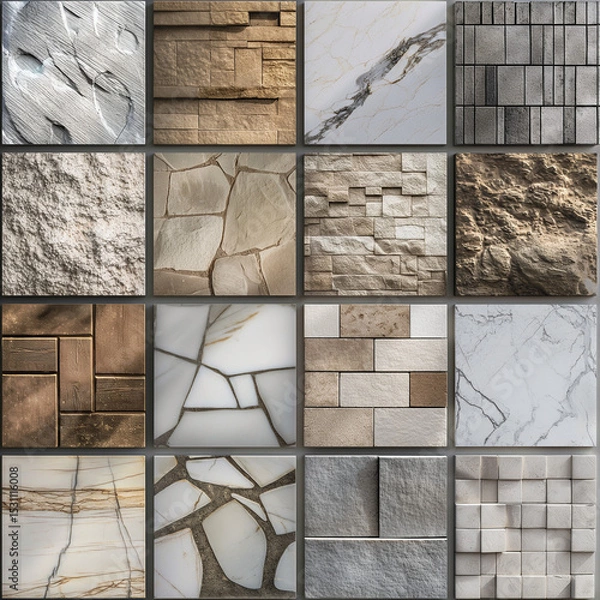 Obraz Stone texture showcase: A meticulously composed grid of diverse stone textures, showcasing a variety of natural stone and engineered surfaces with intricate detail and a focus on craftsmanship.