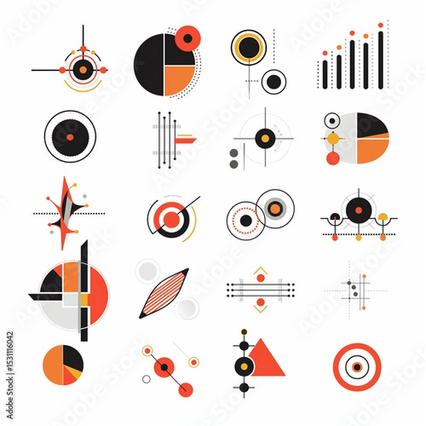 Fototapeta Geometric Graphic Set: A vibrant collection of geometric graphic resources, utilizing a stylish, modern design with bold shapes, patterns, and data visualization elements in a contemporary style.