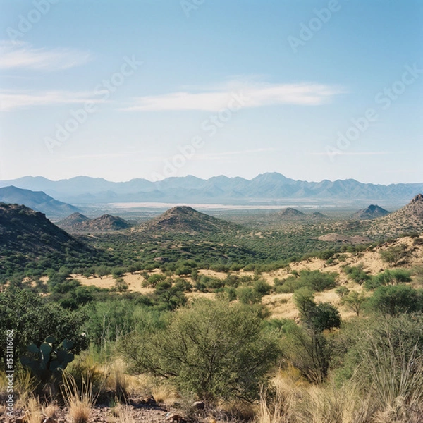 Obraz Desert Vista: A panoramic landscape unfolds, showcasing a vibrant tapestry of the sun-kissed desert. A symphony of undulating hills and scattered shrubbery, all under a radiant blue sky.