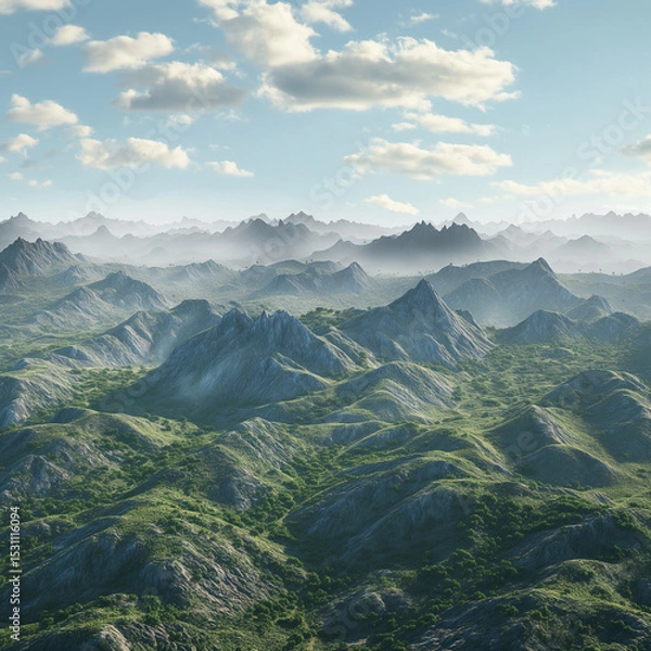 Obraz Majestic Mountain Vista: A sweeping vista unfolds, revealing rugged mountain ranges stretching towards the horizon under a serene sky, showcasing the grandeur of nature's artistry.