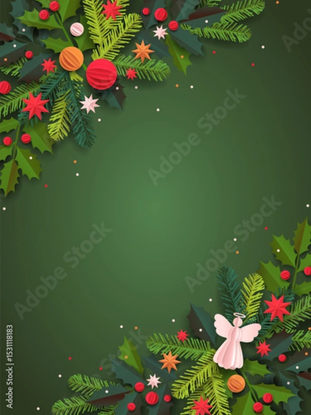 Fototapeta Paper cut template. Vertical Christmas vector greeting card. Christmas tree, balls, and a decor isolated on a white background. Winter frame for holidays with place for text.
