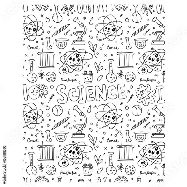 Fototapeta a seamless repeating pattern of hand-drawn doodle icons and scientific equipment for educational design