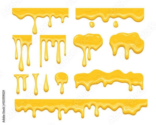 Fototapeta Honey flowing and dripping set. Dripping golden delicious honey flows