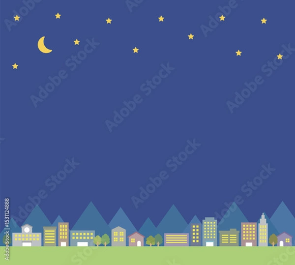 Fototapeta Night city and town landscape background. There are stars and moon in the night sky, and there are buildings, schools, houses, trees and street trees in the town.