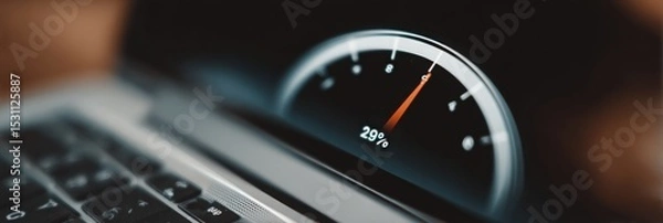Fototapeta Static Distorted Icon Appears on Web Browser Tab as Performance Gauge Indicates 29 Percent Usage Level