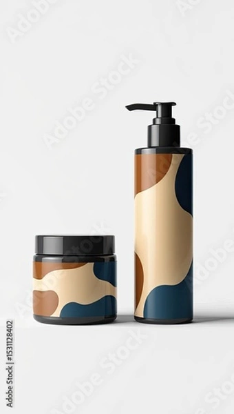Fototapeta Mockup of Cream Jar and Pump Bottle with Abstract Brown and Blue Design