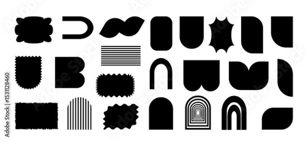 Obraz Collection of black brutal contemporary elements flower star oval circle heart and other shapes. Abstract geometric Y2K Brutalist colorful shapes. vector