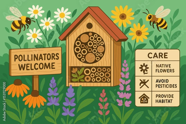 Obraz Endangered Insect Garden. Vector illustration of endangered insect garden with bee hotel, native flowers, “Pollinators welcome”