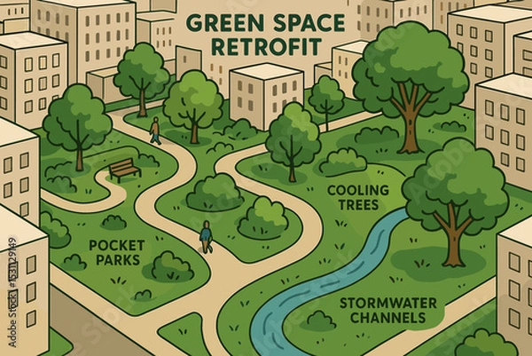 Obraz Urban Green Space Transformation. Vector illustration of green space retrofit in dense city with pocket parks, cooling trees, and
