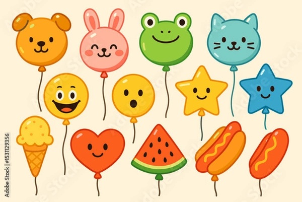 Obraz Creative Balloon Showcase. Vector illustration of balloon shapes showcase with creative designs: animals, cartoon faces, stars,