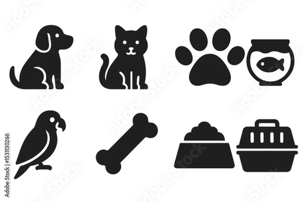 Obraz Solid Pet Icons. Solid style icons of pets and animals: dog, cat, paw print, fish bowl, parrot, bone, dog food, pet carrier. No