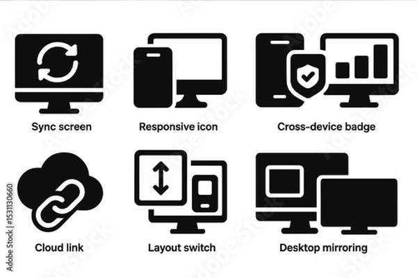 Obraz Cross-Device Connection Icons. Solid style icons of mobile-desktop connection: sync screen icon, responsive desktop icon,