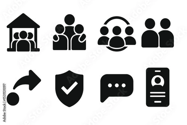 Obraz Social Support Icons. Solid style icons of social support systems: community hub, group care, talk circle, peer icon. Solid style