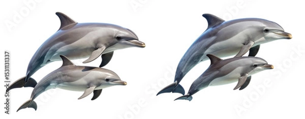 Fototapeta Young dolphin calf swimming beside adult side view duo isolated on Transparent Background PNG