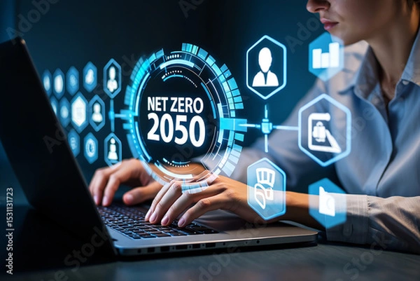 Fototapeta A person working on a laptop with net zero 2050 concept for environmental sustainability