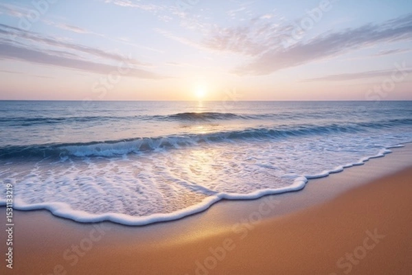 Fototapeta Peaceful beach scene at sunrise with soft waves, golden sand, and warm light reflecting on water creating a calming seaside travel background.