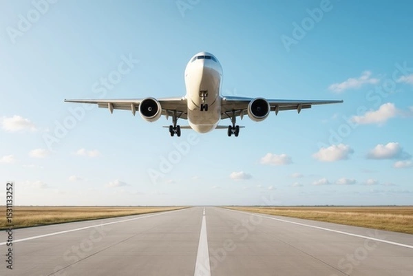 Fototapeta Commercial airplane taking off from runway under clear blue sky with scattered clouds, wide landscape view with light and travel concept background.