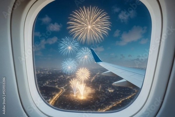 Fototapeta Spectacular view of city fireworks through airplane window during night flight with illuminated skyline and wing in frame. Ai generative.