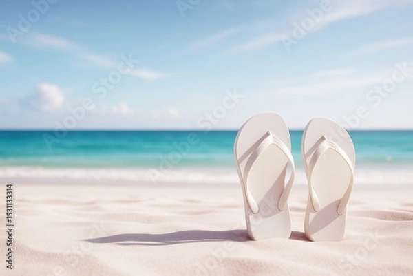 Fototapeta Pair of white flip flops standing upright on sandy beach with turquoise ocean and blue sky in soft focus background, symbolizing summer travel mood.