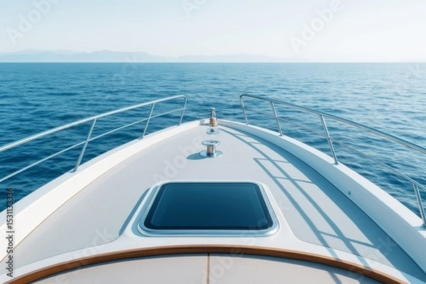 Fototapeta Luxury yacht bow sailing on calm sea under clear blue sky with distant mountain background, peaceful light travel concept image.