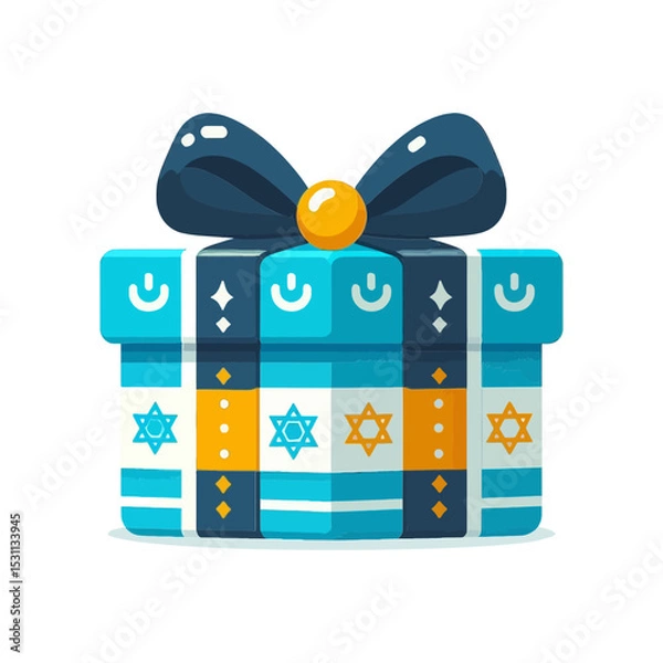 Fototapeta present wrapped with blue and white stripes, adorned with Star of David and power symbols, and a dark blue bow. Ideal for websites/blogs about Hanukkah, gifts, holidays, Jewish celebrations, or winter