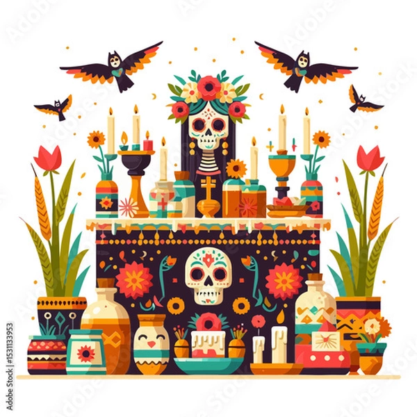 Fototapeta colorful Day of the Dead altar with skulls, candles, flowers, and birds. Ideal for websites/blogs about Mexican culture, Dia de los Muertos, traditions, celebrations, or festive art.