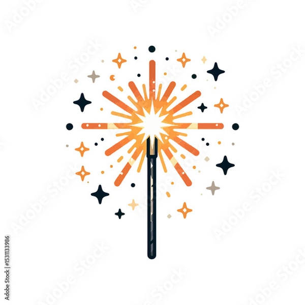 Fototapeta sparkling firework or sparkler with radiant orange and yellow bursts, surrounded by small stars and dots. Ideal for websites/blogs about celebrations, events, holidays, magic, or festive announcements