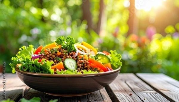 Fototapeta Salade estivale de lentilles avec salade verte, tomates cerises, concombres, oignons, olives noires, dans un plat posé sur une terrasse de jardin. Generated image