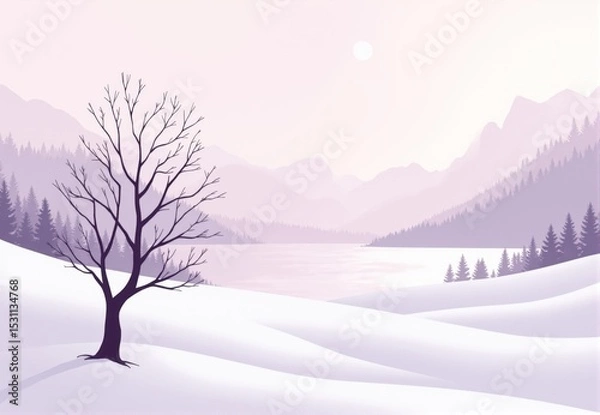 Fototapeta Winter Landscape with Leafless Tree and Lake