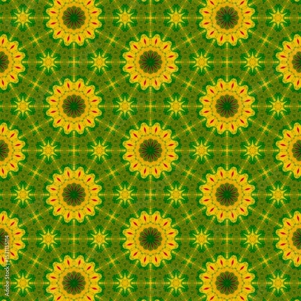 Fototapeta Seamless kaleidoscope floral pattern vibrant yellow and green floral design for fabric, wallpaper, and backgrounds