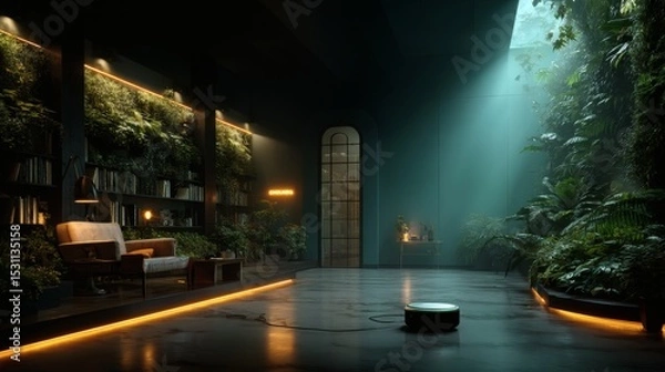 Fototapeta Scene showing person stretching between tasks while AI assistant dims ambient lighting and starts wellness playlist from smart audio hub; interior design features mid-century furniture and vertical 