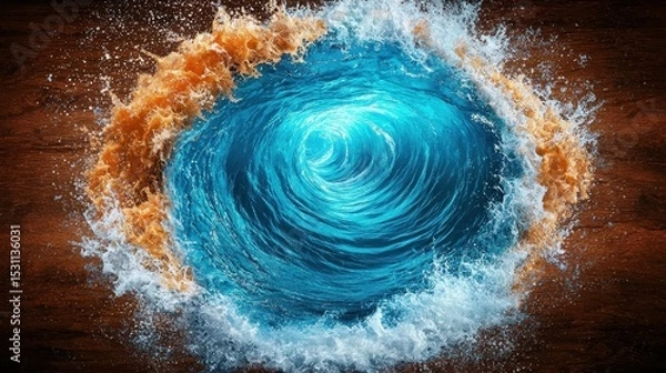 Obraz Captivating Blue Water Vortex with Orange Fluid Splash Against Brown Texture