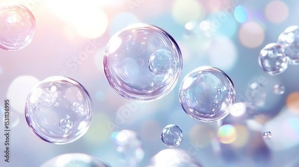 Obraz Transparent soap bubbles floating in a soft, colorful, and bright background with bokeh light effects.