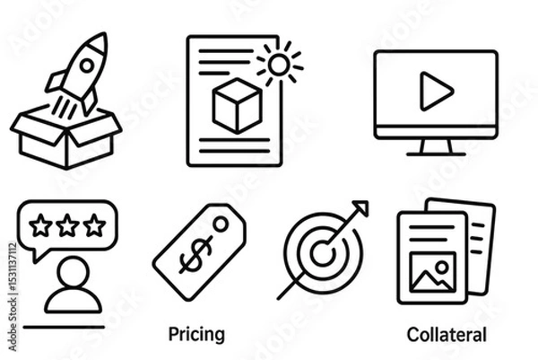 Fototapeta Line Style Marketing Icons. Line style icons for product marketing: product launch, feature highlight, user manual, demo video,