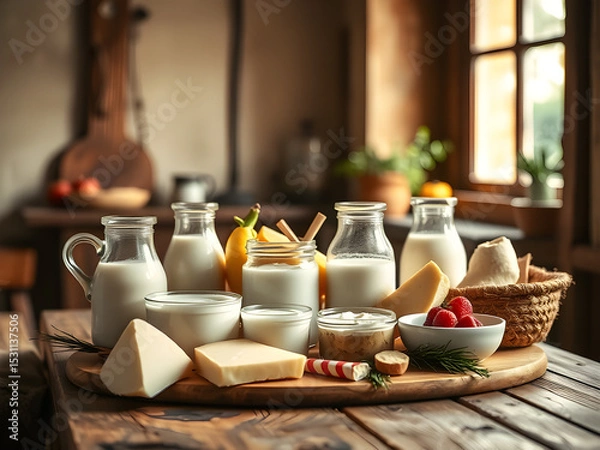 Obraz Fresh dairy products on a wooden table, conveying rustic simplicity and natural freshness.