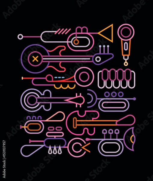 Obraz Neon colors isolated on a black background Musical Instruments vector line art design.