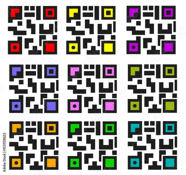 Fototapeta Nine multi-color QR code dummy icon designs used in on  printing cards for inserting purpose  EPS Vector format