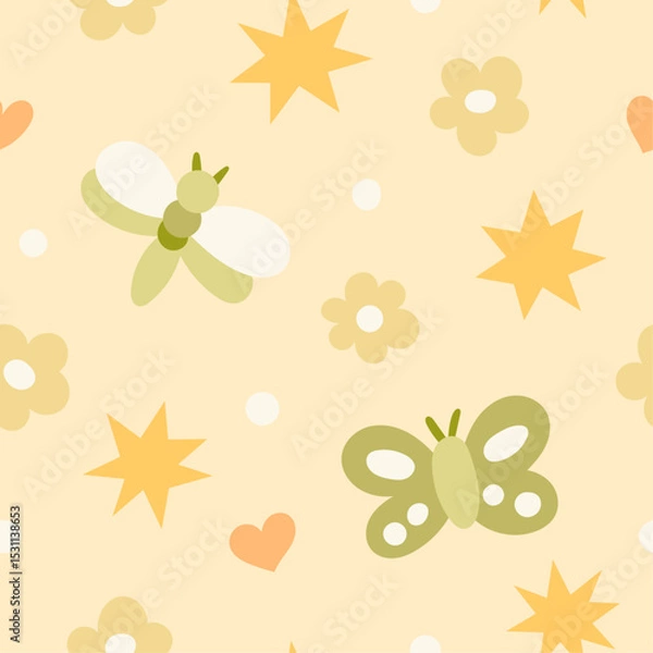 Obraz Seamless vector pattern with flowers, moths and butterflies. Cute hand drawn illustration. Modern folk repeat texture for fashion print, wallpaper or fabric.
