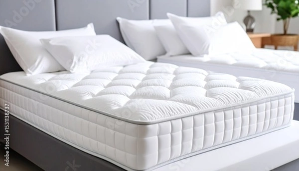 Fototapeta Close-up of pristine mattresses with plush white pillows showcases bedding comfort