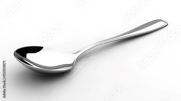 Fototapeta A shiny, reflective stainless steel spoon placed on a plain white surface, showing smooth curves and a clean, modern design.