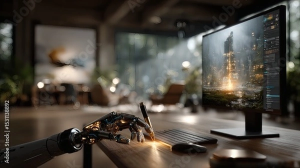 Fototapeta Close-up of AI assistant’s articulated hand gently passing a stylus to human designer working on an ultra-thin monitor; background shows a tidy workspace with sunlight streaming across a light 