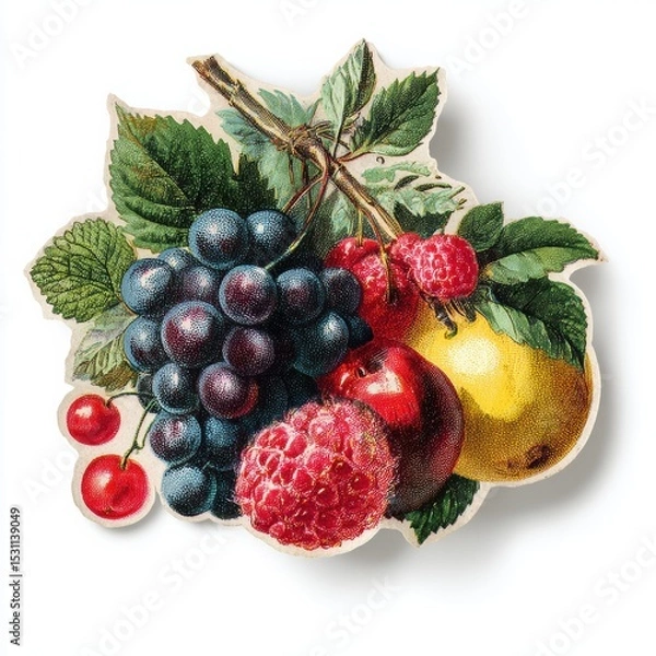 Obraz Vibrant Vintage Fruit Cluster Featuring Grapes Raspberries Cherries and Plums A Delightful Botanical Illustration Perfect for Design Projects and Digital Artwork