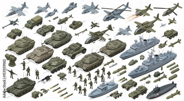 Fototapeta Comprehensive Military Equipment Collection in Isometric View