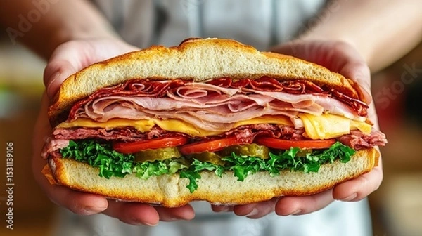 Fototapeta A close-up of a large, stacked deli sandwich with layers of meat, cheese, lettuce, and tomato held by two hands.