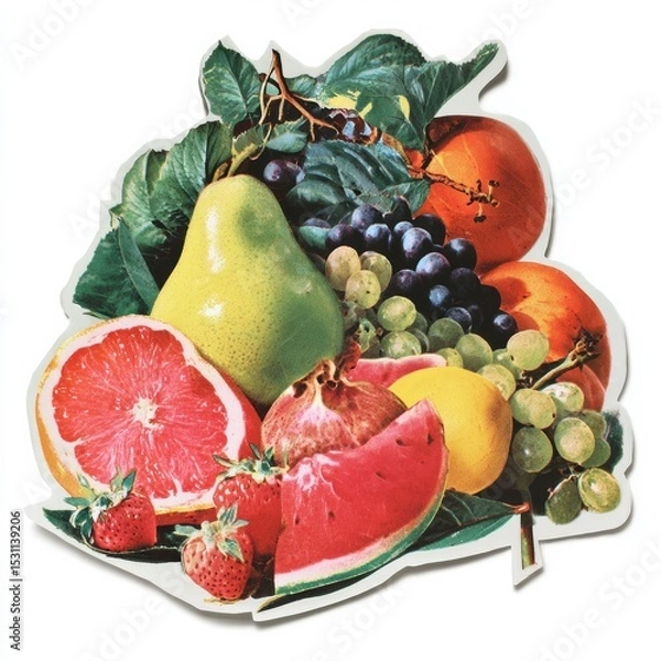 Obraz A vibrant still life showcasing a bountiful arrangement of fresh fruit including juicy watermelon slices, ripe grapefruit halves, luscious grapes, and a vibrant pear a perfect summer harvest scene
