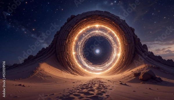 Fototapeta Giant sci-fi portal ring glowing with cosmic energy in rocky desert under night sky filled with stars. Concept of time travel and mystery