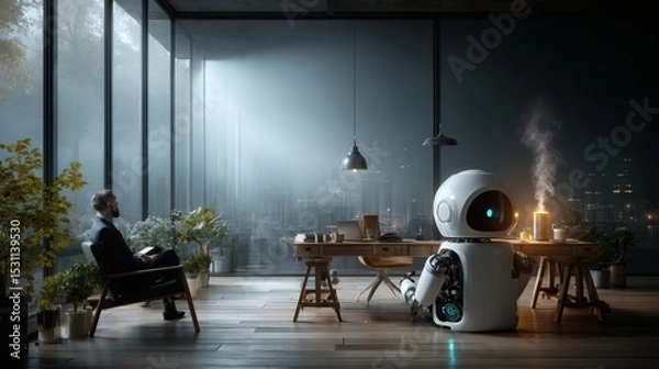 Fototapeta Bright minimalist home office interior with soft natural daylight entering through large floor-to-ceiling windows; a male professional with relaxed posture sitting at a sleek oak desk, while 